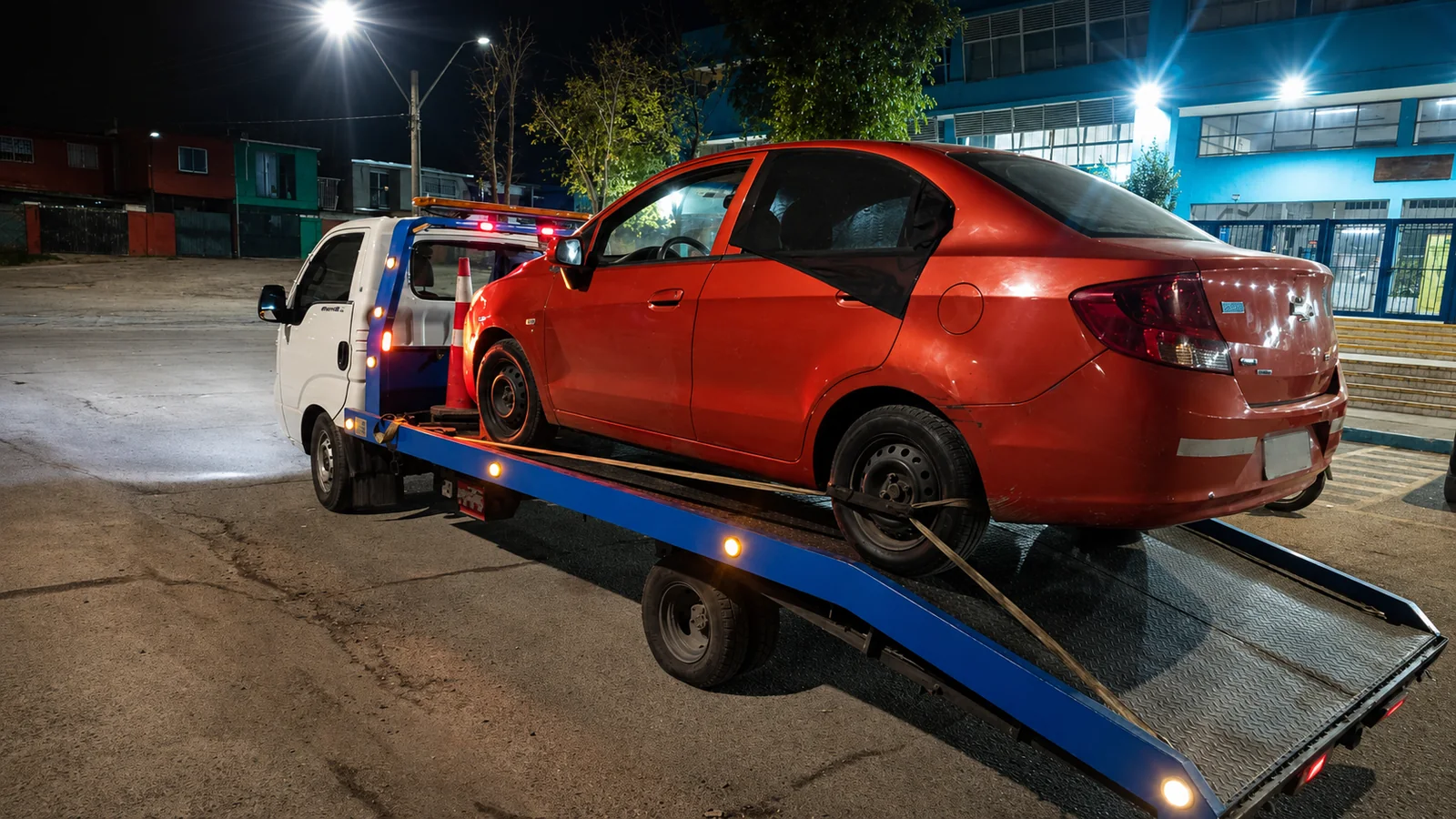 rescate vehicular nocturno con grúa cama en Santiago